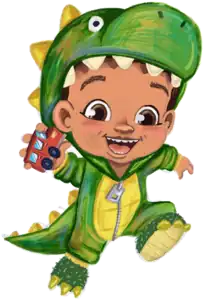 Deuce, a little boy in a green dinosaur costume, jumping with a toy truck