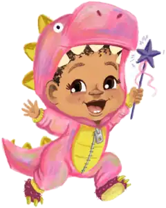 Siggy, a little girl in a pink dinosaur costume, waving a star wand